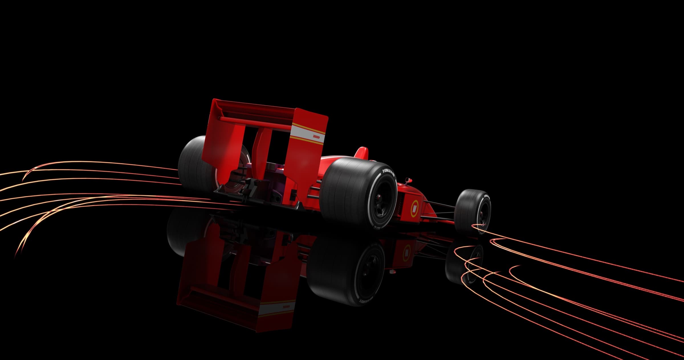 Red Formula racing car with red and orange light trails on a black background